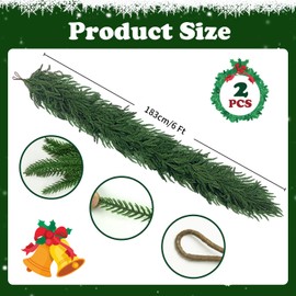 IPOOLTENG 6 Ft 2 Pcs Artificial Norfolk Pine Garland, Real Touch Green Faux Greenery Garland for Christmas Table, Mantle, Wall, Fireplace, Indoor Outdoor Holiday Decor