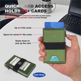SECWELT Slim Aluminum Pop Up Wallet for Men,Smart Minimalist Mens Wallet with Durable Expandable Backplaite Money Clip,Compact RFID Blocking Metal Card Case,6-12pcs Business Card Holder(Army Green)