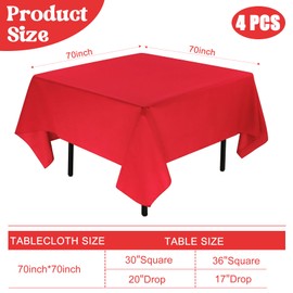 JALANCY 4 Pack Square Table Cloth 70x70 Inch Red Tablecloth Machine Washable Fabric Polyester Table Cover for Dining, Buffet Parties, Picnic, Events, Weddings and Restaurants（Red）