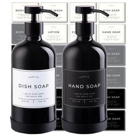 Verute 16oz Glass Soap Dispenser with Stainless Steel Pump, 21 Waterproof Labels, Non-slip Protective Silicone Pad, Set of 2 for Bathroom & Kitchen (Gloss Black Bottle/Black Pump)