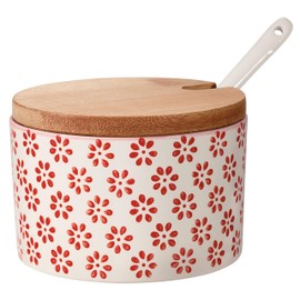 Bloomingville Susie Retro Salt Pot with Lid and Spoon Sugar Bowl Vintage Pot for Jam Diameter 10 cm Red Ceramic Holds Approx. 250 ml