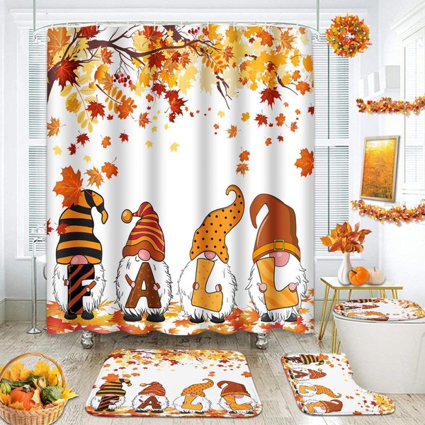 Tayney Fall Gnomes Shower Curtain Set with Toilet Lid Cover