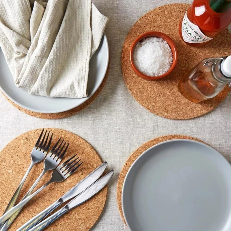 Set of 6 Round Cork Place Mats, Multi-Coloured Design, 22cm