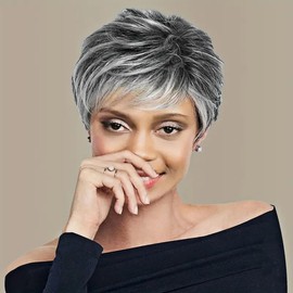 Short Grey Wig for Women Short Pixie Cut Wig with Bangs Natural Layered Synthetic Short Hair Wig for Women Daily Cosplay Party Wig (Black and white mixed color, One size)