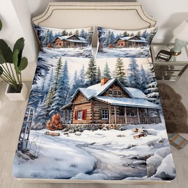 Rustic Farmhouse Kids Fitted Sheet Full Size,Snow Pine Trees Christmas Nature Bedding Set,Boys Girls Room Decor,Winter Snow Landscape Bed Cover,White Romantic Bed Sheet,2 Pillowcases