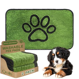 Qeils Washable Pee Pads for Dogs, 2 Pack Super Absorbent Reusable Puppy Pads with Green Long Wool for Potty Training, Floor, Couch, Bed, and Crate,18"x 30"