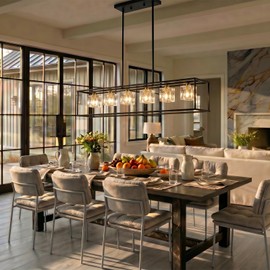 Ruhaieba Modern Linear Crystal Pendant Light, Industrial Crystal Chandelier, 6-Light Black and Brass Metal Kitchen Island Lighting, Adjustable Hanging Chandelier for Dining Room, Living Room