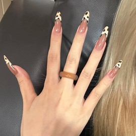 MouyouGlow Press on Nails Long, Stiletto Nude Leopard French Autumn Fake Nails with Nail Glue, Natural Tips Winter Artificial Fingernails