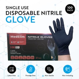 MEDELIM Disposable Nitrile Industrial Gloves: 5 Mil, Latex & Powder-Free, Textured, Food-Safe, 100 Pack, Black, Large