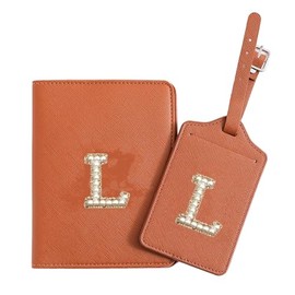 Initial Passport Holder and Luggage Tag Travel Set, PU Leather Luggage Tag Passport Cover, Christmas Gifts, Bridesmaid Gifts, Holiday Travel Gifts, Birthday Gifts (L, Brown Leather+Pearl Letter)