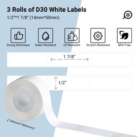 D30 Label Tape, White Printable Labels Compatible with Thermal Label Printer D30, 14MM*50MM (0.55"*1.97") Self-Adhesive Printing Labels, 130 Labels in A Roll,3 Rolls in Pack