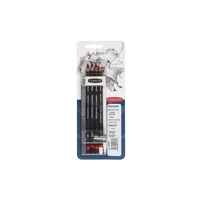 Derwent Charcoal Drawing Sampler Pack with Eraser and Sharpener, Professional
