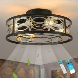 HUEOCZW 20" Caged Ceiling Fan with Light and Remote，bladeless Ceiling Fan 6 Speed Reversible with 4 Bulbs and Remote Control.Low Profile Ceiling Fan with Lights for Bedroom, Dining Room