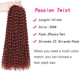 Ubeleco Copper Red Passion Twist Hair, 350# Water Wave Crochet Hair 14 Inch Passion Twist Crochet Hair 22 Strands/Pack Bohemian Synthetic Curly Braiding Hair Extensions (14 Inch (Pack of 2), 350#)