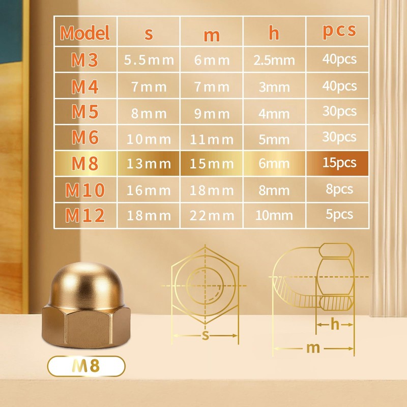SWTYExt Pack of 15 Cap Nuts M8 Brass Cap Nuts