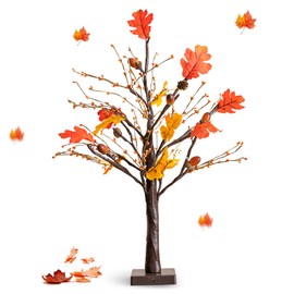 Ethlomoer Artificial Fall Maple Tree with Lights for Fall Decorations, 24 Inch Prelit 24 LED Light up Fall Tree for Thanksgiving, Battery Operated Lighted Fall Centerpieces for Tables Home Decor