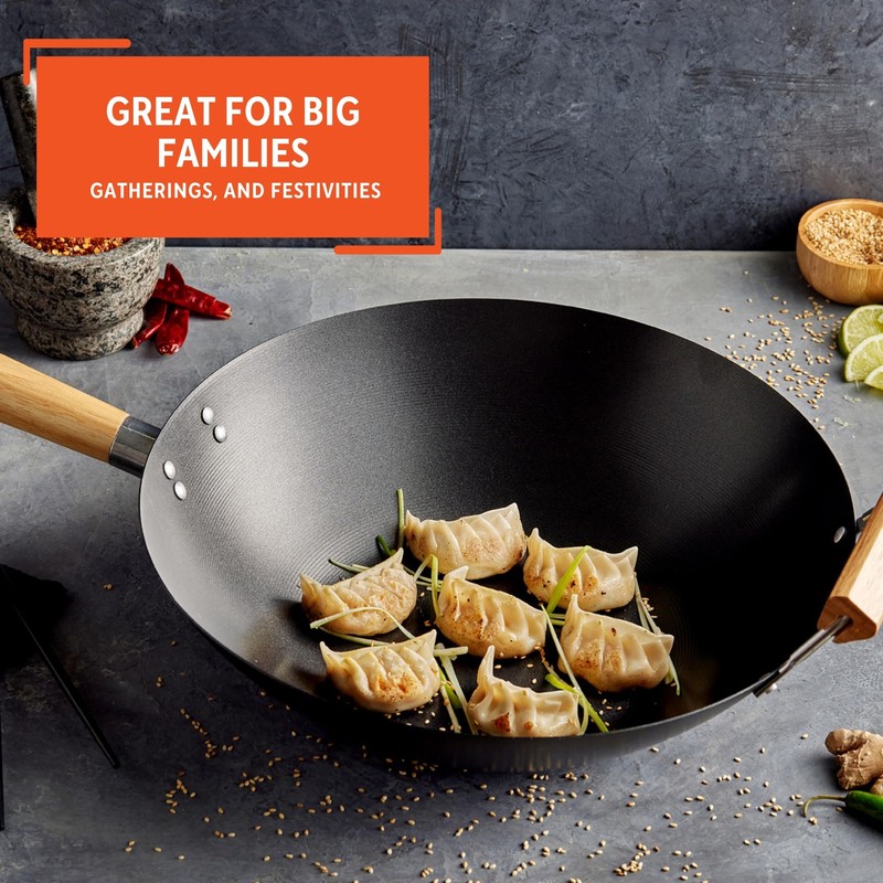 Imusa 14in Carbon Steel Nonstick Wok with Wood Handles, Black