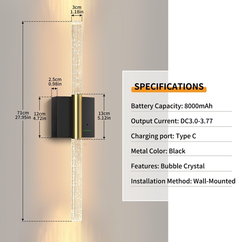 Battery Operated Wall Sconces Set of 2, 28in Rechargeable Wireless