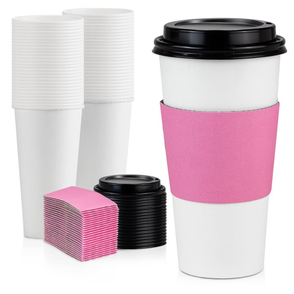 Fit Meal Prep [50 Pack 20 oz Disposable Coffee Cups with Black Lids and Pink Sleeves, Premium To Go Coffee Cups with Lids for Hot/Cold Beverages, Pink Coffee Cups for Party, Wedding, Birthday