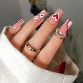 SINHOT Pink Press on Nails Medium Square Fake Nails Glossy Glue on Nails Valentines Day Squoval Nails Whtie Flowers Acrylic Nails Cute Heart Arificial Nails Stick on False Nails with Design 24 pcs