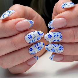Almond Press on Nails Medium Blue French Press on False Nails with Glue Fake Nails with Designs Blue Leaf Floral Print Acrylic Full Cover White French Tips Nails Stick on Nails for Women Girls 24PCS