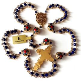Elegantmedical Collar de crucifijo de rosario católico hecho a mano con cadena de oro para lapislázuli y cuentas esmaltadas