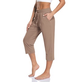 TARSE Womens Capri Yoga Pants Plus Size Loose Drawstring Capris Workout Sweatpants Soft Lounge PJ Crop Pants (Brown Tan,2XL XXL)