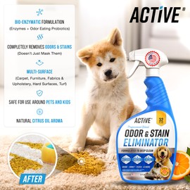 ACTIVE Pet Odor and Stain Eliminator - 32 oz ACTIVE Enzyme Cleaner for Dog & Cat Urine, Stain Remover Spray for Carpet, Upholstery, Hardwood, Spot Cleaning, Deodorizer for Dogs Cats Pets - Natural Citrus Oil