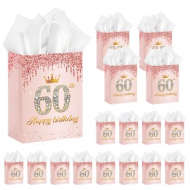 50Pcs 60th Birthday Party Favors Gift Bags Bulk Rose Gold Happy 60th Candy Wrap Bags with Tissue Paper Birthday Souvenir Bags for Guests Men Women Party Celebration Decorations Supplies (60th)