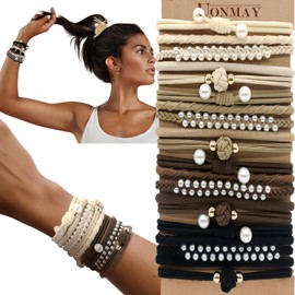 Boho Hair Ties Bracelets for Women and Girls, 20PCS Elastic Hair Ties no Damage, Hair ties for Thick and Thin Hair, Hair Ties for Ponytail Holders (Pearl coffee)
