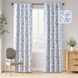 jinchan 100% Blackout Floral Curtains 84 Inches Long, Printed Flower Blue Blackout Curtains for Bedroom Rod Pocket Back Tab Full Blackout Curtains Thermal Insulated Window Drapes, 2 Panels Blue