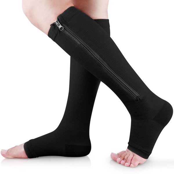 Ailaka Zipper Medical 15-20 mmHg Compression Socks for Women and Men, Knee High Open Toe Firm Support Graduated Varicose Veins Hosiery for Edema, Swollen, Nurses, Pregnancy, Recovery
