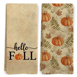 BitKAM Vintage Fall Pumpkin Kitchen Towels Set of 2, Retro Hello Fall Dish Tea Towels for Kitchen, Farmhouse Autumn Pumpkins Leaf Decorative Hand Towels for Bathroom, 16x24 Inch