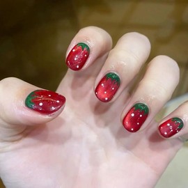Christmas Nail Strawberry Polka Dot Cat Eye Nail Art Press on Nails Full Cover Fake Nails Fashion manicures for Women and Girls 24 Pcs