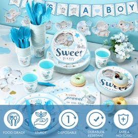 405 Pcs Baby Shower Tableware Set It's a Boy Elephant Decoration A Little Peanut Is On The Way Baby Shower Plates and Napkins Supplies Include Tablecloth Banner Cups for 50 Guests Blue Spring Theme