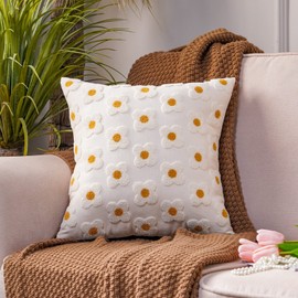 ARTMAGIC Daisy Embroidery Floral Throw Pillow Covers Spring Summer Decorative Pillowcase Square Cushion Cover for Couch Sofa Bed Living Room Bedroom Decor (18x18 Inches, Daisy 01)