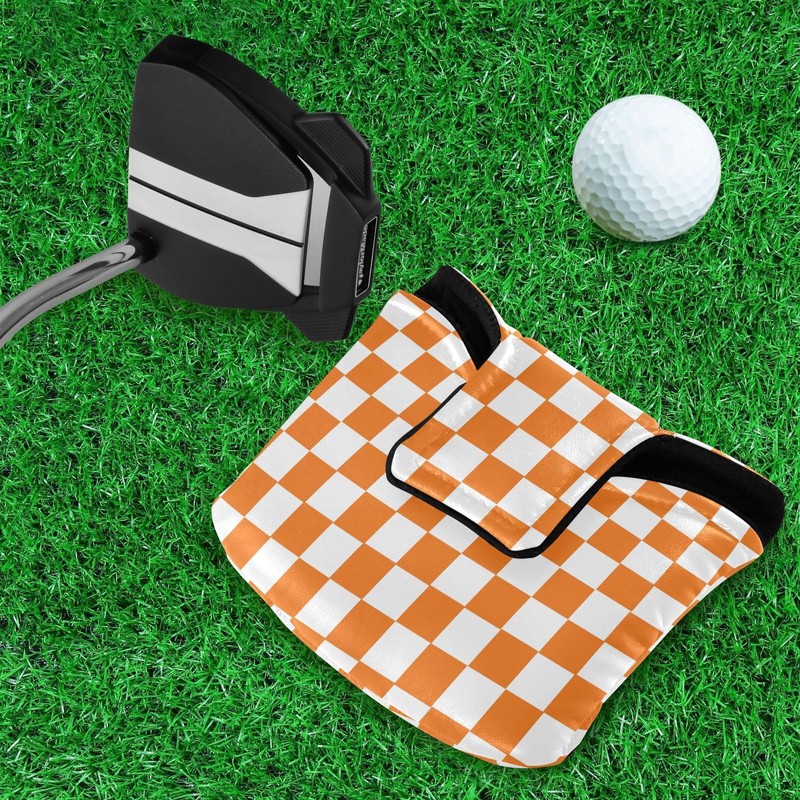 Checkered Plaid Orange Print Putter Cover PU Leather Magnetic Blade