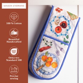 Maison d' Hermine Double Oven Mitts 100% Cotton 7"x35" Double Oven Mitt Heat Resistant BBQ Cooking Gloves with Loop, Baking, Grilling, Home, Kitchen, Handling Hot Pans Spring Summer (Gourmand)