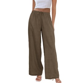 Duyang Womens Cotton Linen Palazzo Pants Drawstring Elastic Waist Casual Wide Leg Trousers with Pockets(Chestnut Brown,XL)