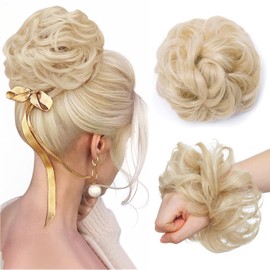 Hairro Messy Hair Bun, 25g Bleach Blonde Fake Hair Bun Natural Curly Wavy Scrunchies Updo Hair Piece Synthetic Hair Extensions for Women