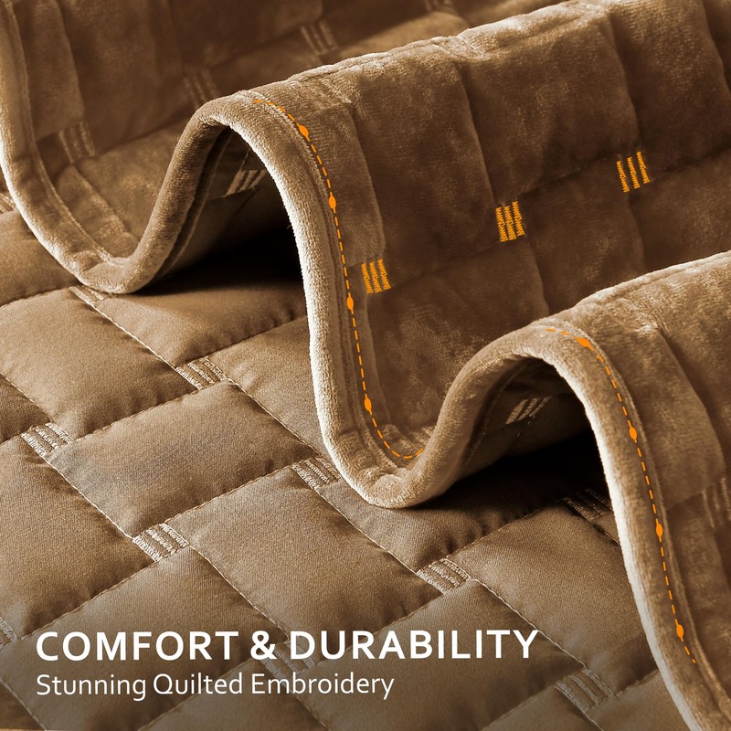 Velvet Quilt Set Queen Size, Luxury Geometric Design, Gold Caramel