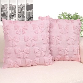 Pink Pillow Cases, Pillowcases, 2 PCS Pink Cushion Covers with Bow Design, Soft Plush Faux Fur Cushion Covers, Plush Aesthetic Cushion Cases for Bed Sofa Home Indoor Outdoor Holiday Decorations