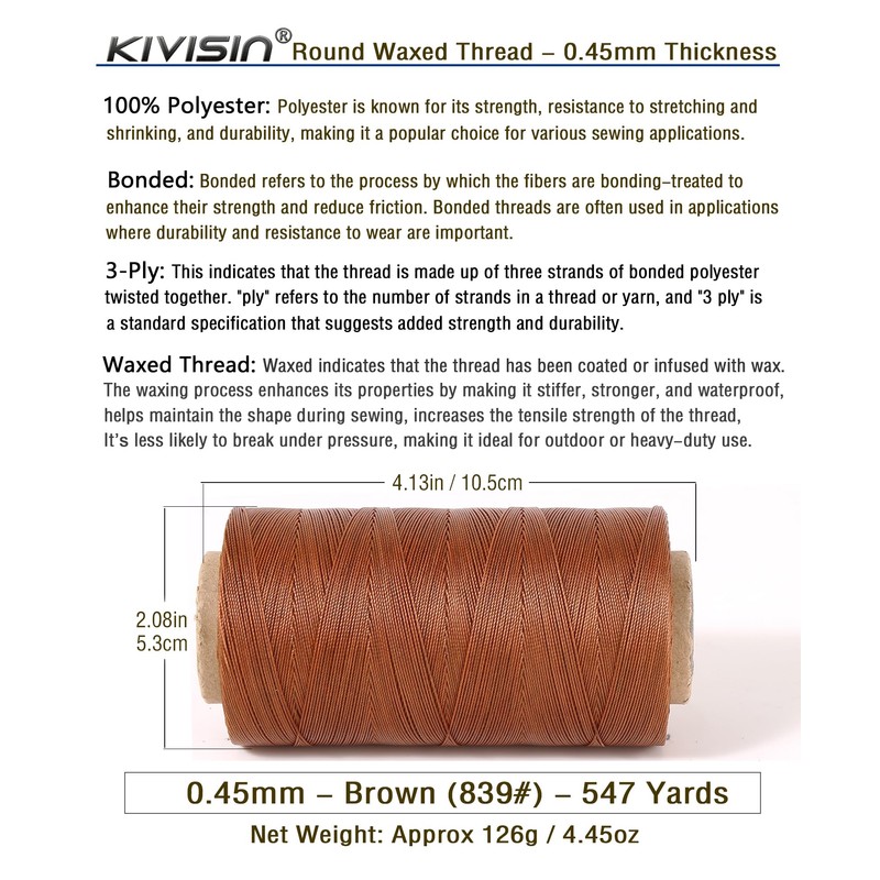 Thin Wax Polyester Thread, 0.45mm, 547 Yards, 3 Ply Round