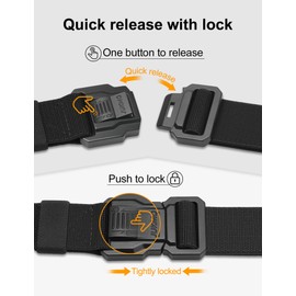 JUKMO Men's Tactical Belt with Lock, Military Work 1.5" Stretch Nylon Web Hiking Quick Release Belt with Heavy Duty Seatbelt Buckle (Black, Large-for Waist 42"-46" (Length 53"))