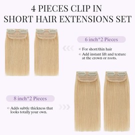 S-noilite 4 pieces Clip In Short Hair Extensions 100% Remy Human Hair Invisible Mini Short Clip in Hairpiece for Women with Thinning Hair Honey Blonde