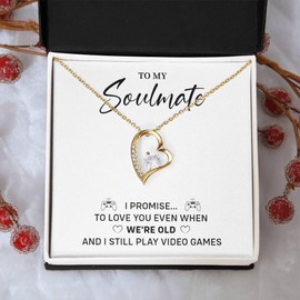 To My Soulmate Necklace, Forever Love Necklace For Girlfriend Or Wife, Soulmate Jewelry For Her, Anniversary, Birthday For Partner, Video Game Lover Gift (Standard Box, 18k Yellow Gold)
