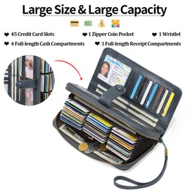 GAEKEAO Leather Credit Card Holder Wallet for Women RFID Blocking Large Capacity Bifold Zipper Card Case Organizer with Wristlet 45 Slots