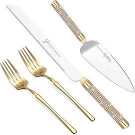 Juego de cuchillo y servidor para tarta de boda ROXBURGH, cortador de pastel de oro de acero inoxidable 420 y servidor para tarta con estriados, juego de corte con tachuelas de strass para boda