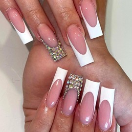 Press on Nails Long Square Fake Nails White French Tip Nails Press ons Glossy Glue on Nails Pink Full Cover Acrylic False Nails with Rhinestones Designs Artificial Stick on Nails for Women 24Pcs