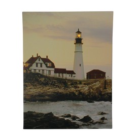 LED Lighted Cottage Lighthouse Shoreline at Sunset Canvas Wall Art 15.75"